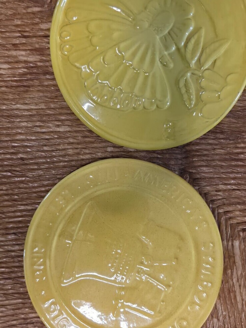 Frankoma Vintage Pottery Yellow Butterfly and Liberty Bell Rivets Set of 2